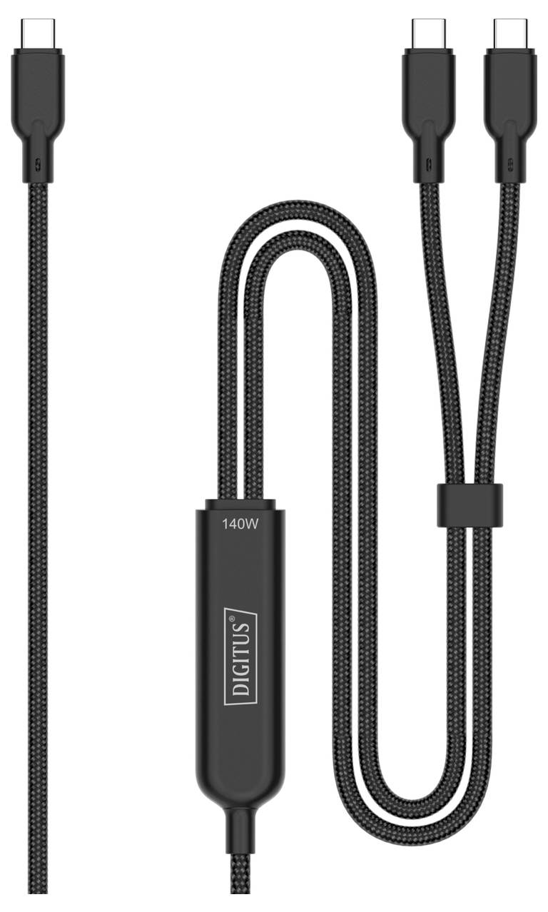 Schwarzes USB-C auf Dual-USB-C-Ladekabel mit „DIGITUS"-Branding und 140W-Kapazität, entwickelt für effizientes Laden.