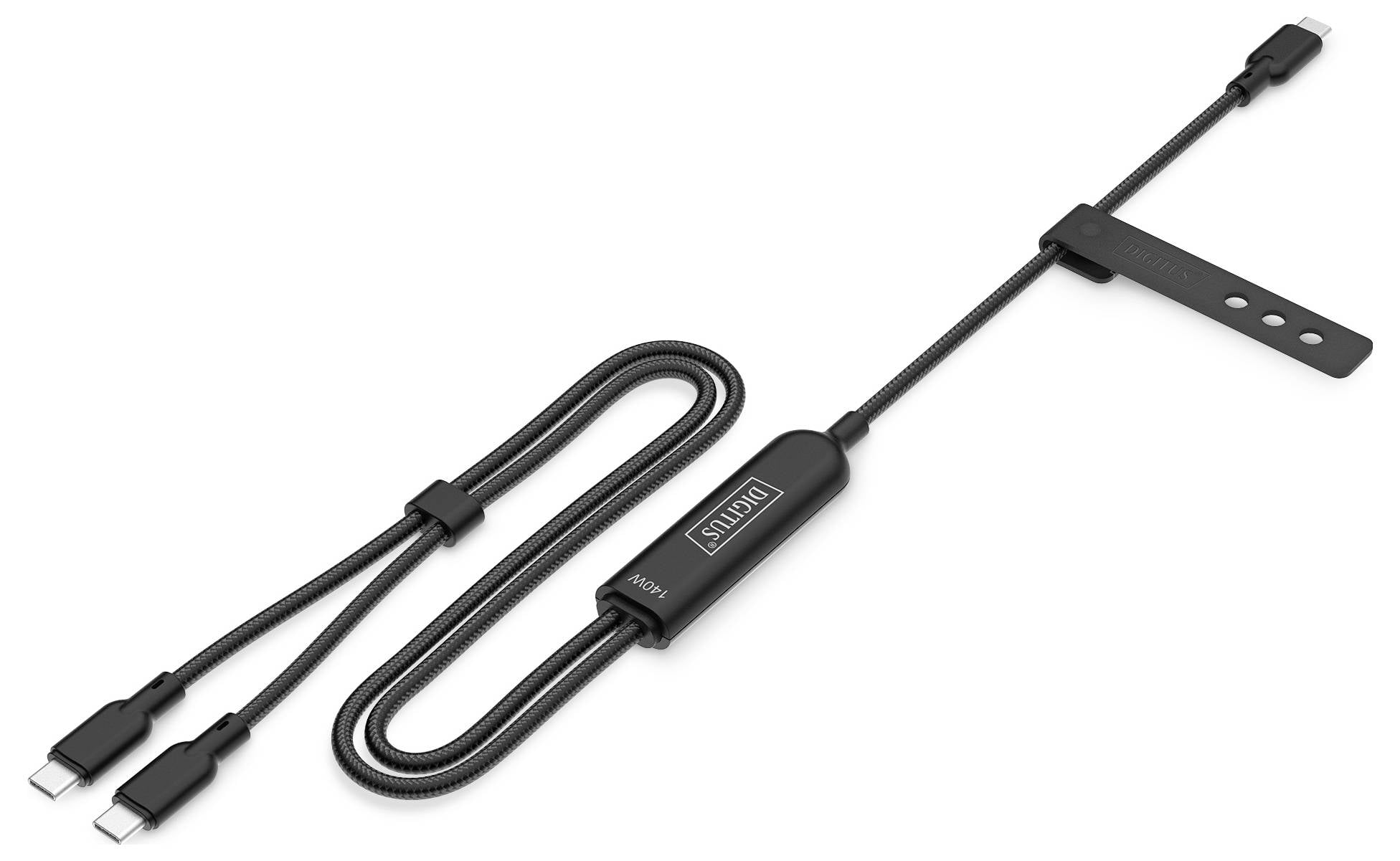 Ein schwarzes USB-C-auf-USB-C-Kabel mit geflochtenem Design, das ein Etikett mit der Aufschrift „Safety 2023" auf seiner zentralen Schutzumhüllung trägt.