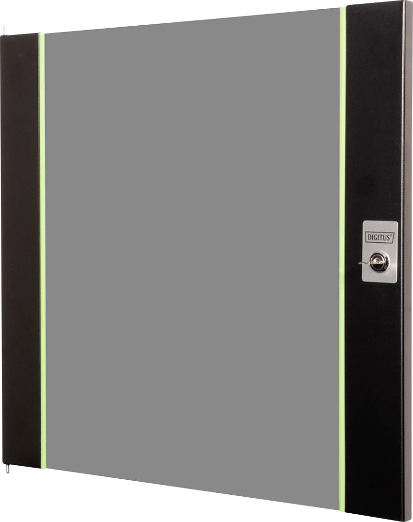 Ein elegantes, modernes elektronisches Türschloss mit einer digitalen Tastatur auf der rechten Seite. Die Tür hat einen dunklen Rahmen mit vertikalen grünen Linien.
