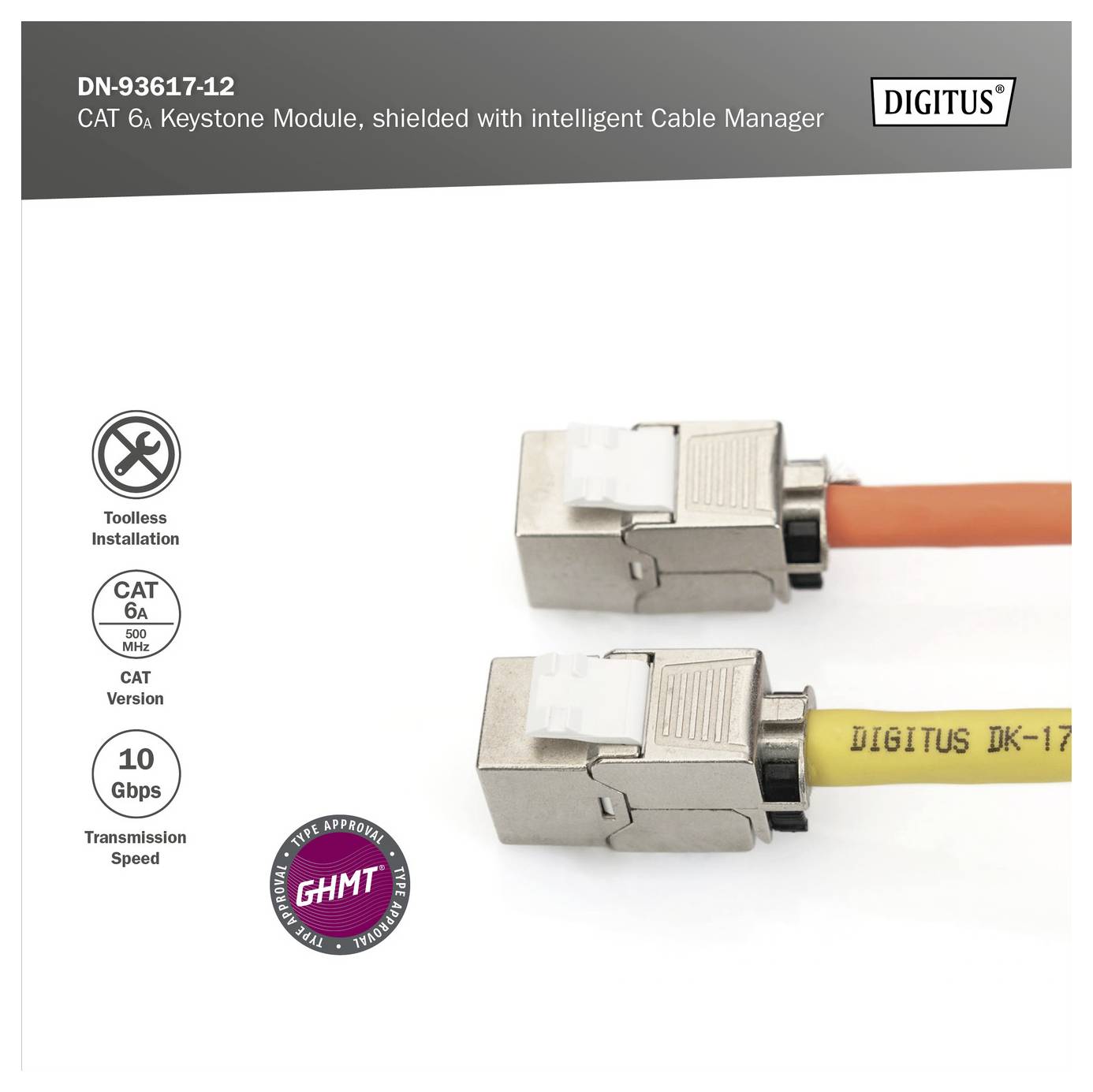 "Digitus DN-93617-12 CAT 6A Keystone-Modul, geschirmt mit intelligentem Kabelmanager, werkzeuglose Installation, 10 Gbps, GHMT-zertifiziert." Abbildung zeigt Produkt mit orangem Kabel und Beschriftung.
