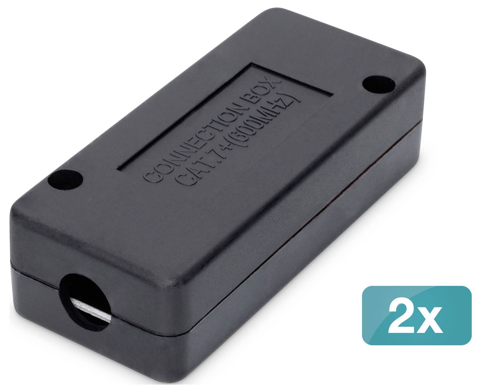 Schwarze Kunststoff-Elektroverbindungsdose mit zwei Kabellöchern, angezeigt als 2er-Packung.