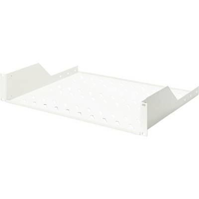 Ein weißes, gelochtes Metallblech oder Regal mit erhöhten Kanten, das zum Montieren oder Lagern ausgelegt ist.