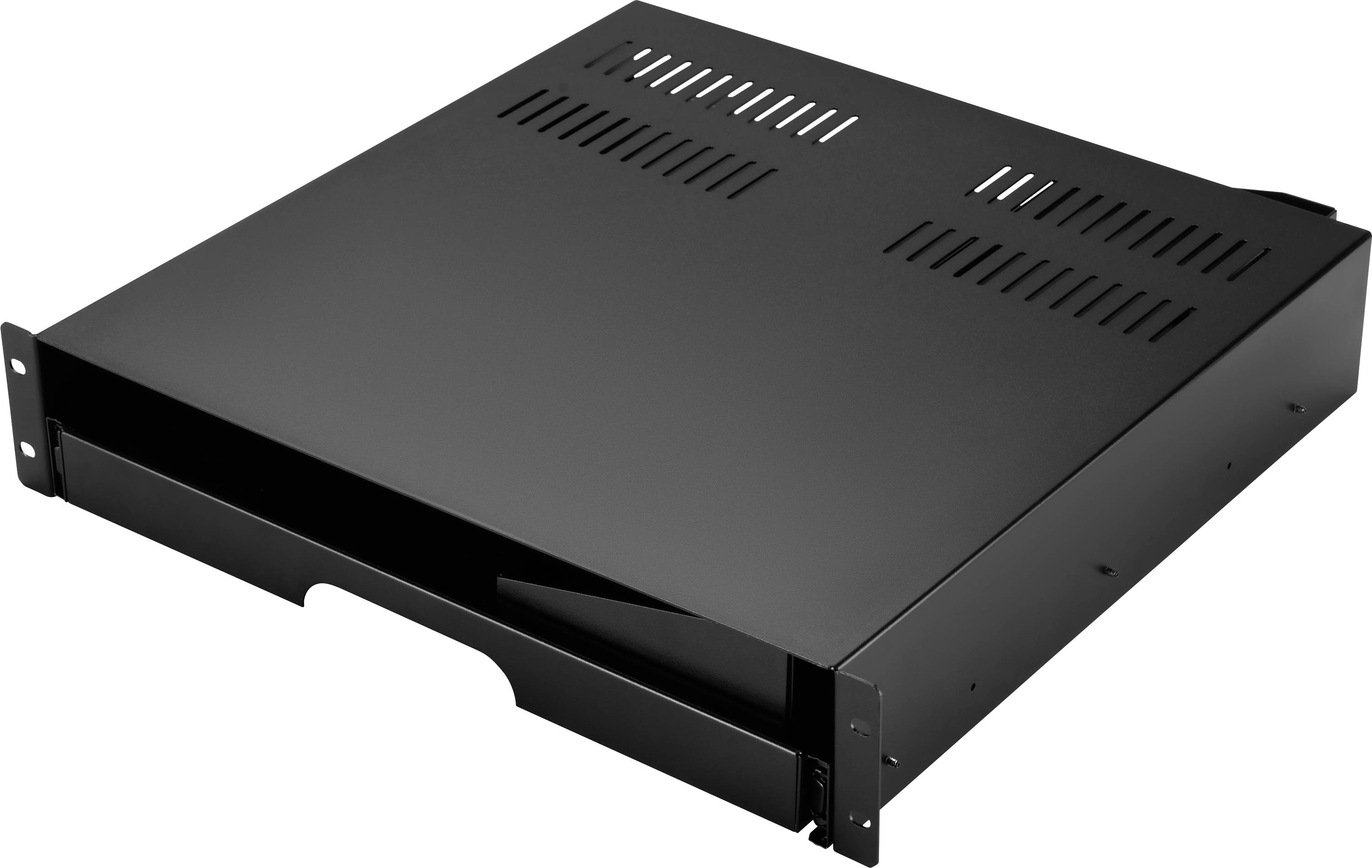Schwarzes 1U-Rackmount-Server-Gehäuse mit ausziehbarem Tablett an der Vorderseite und Belüftungsschlitzen, gezeigt auf weißem Hintergrund.