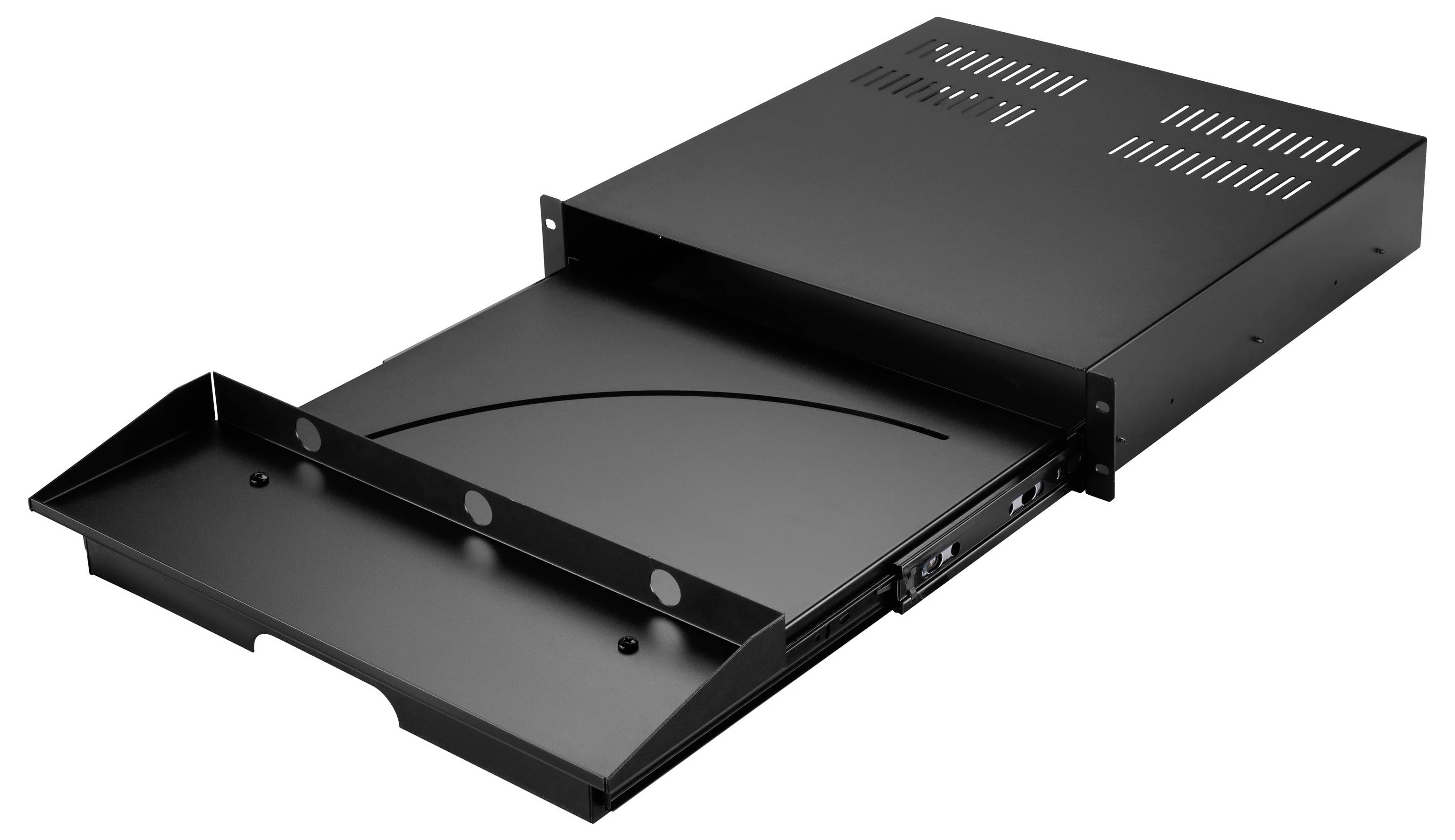 Schwarzes Metall-Rack-Mount-Schiebelement, das offen gezogen wird und ein leeres ausziehbares Regal mit vorderen Griffen und Belüftungsschlitzen auf der oberen Platte zeigt.
