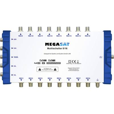 Ein Multiswitch-Gerät mit mehreren Eingangs- und Ausgangsbuchsen, gekennzeichnet mit 'REC1' bis 'REC16', geeignet für Quattro- und Quattro Switch LNBs.
