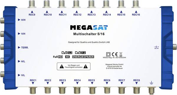 MegaSat 0600152 SAT Multischalter Eingänge (Multischalter): 5 (4 SAT/1 terrestrisch) Teilnehmer-Anzahl: 16