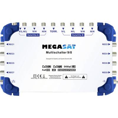 Multischalter-Gerät mit der Bezeichnung 'MEGASAT Multischalter 9/8', das Ein- und Ausgänge für Satellitensignale zeigt.