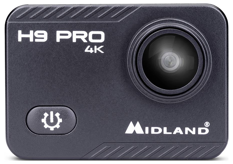 Eine schwarze Action-Kamera mit der Bezeichnung "H9 PRO 4K" von Midland, die ein Objektiv auf der rechten Seite und ein Power-Button-Symbol auf der linken Seite aufweist.