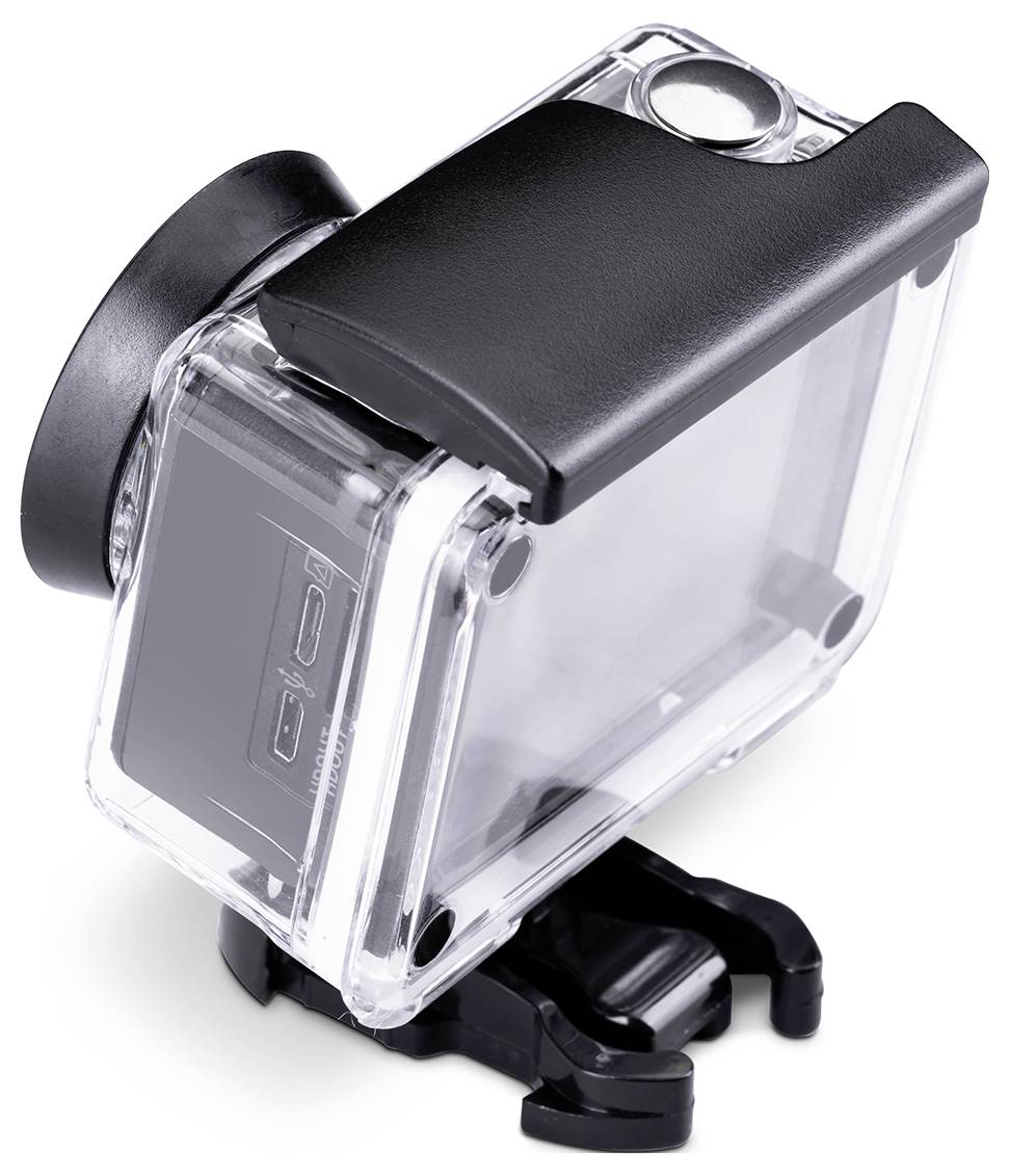 Transparentes wasserdichtes Gehäuse mit schwarzem Verschluss für eine Action-Kamera, ausgestattet mit einer Befestigungsvorrichtung an der Basis für sichere Anbringung an verschiedenen Oberflächen.