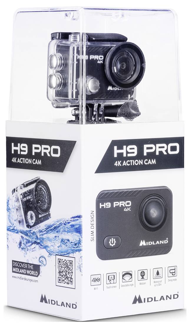 'Midland H9 Pro 4K Action Cam' in Verpackung mit Kamerabild, Merkmale-Liste: 4K-Aufnahme, wasserdichtes Design.