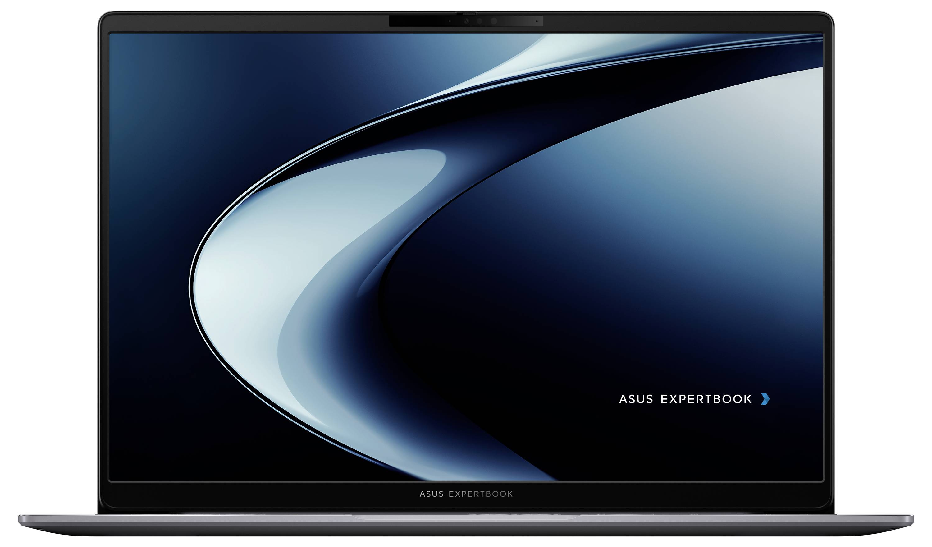 Ein schlankes, offenes Laptop mit einem dunklen, abstrakten geschwungenen Design auf dem Bildschirm und dem Text ‚ASUS ExpertBook' in der unteren rechten Ecke.