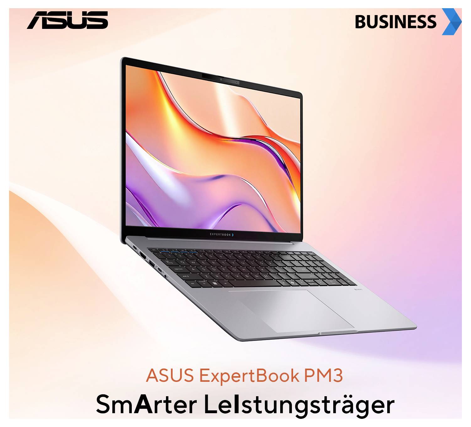 ASUS ExpertBook PM3' Laptop, präsentiert mit einem brillanten Bildschirm, vermarktet als Business-Produkt mit Fokus auf sein elegantes Design und seine Funktionalität.