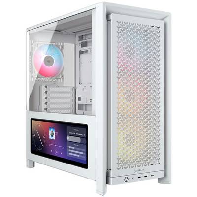 Ein weißes Computergehäuse mit RGB-Beleuchtung und einem vorderen Lüfter. Das Seitenpanel ist transparent und zeigt interne Komponenten einschließlich eines Displays.