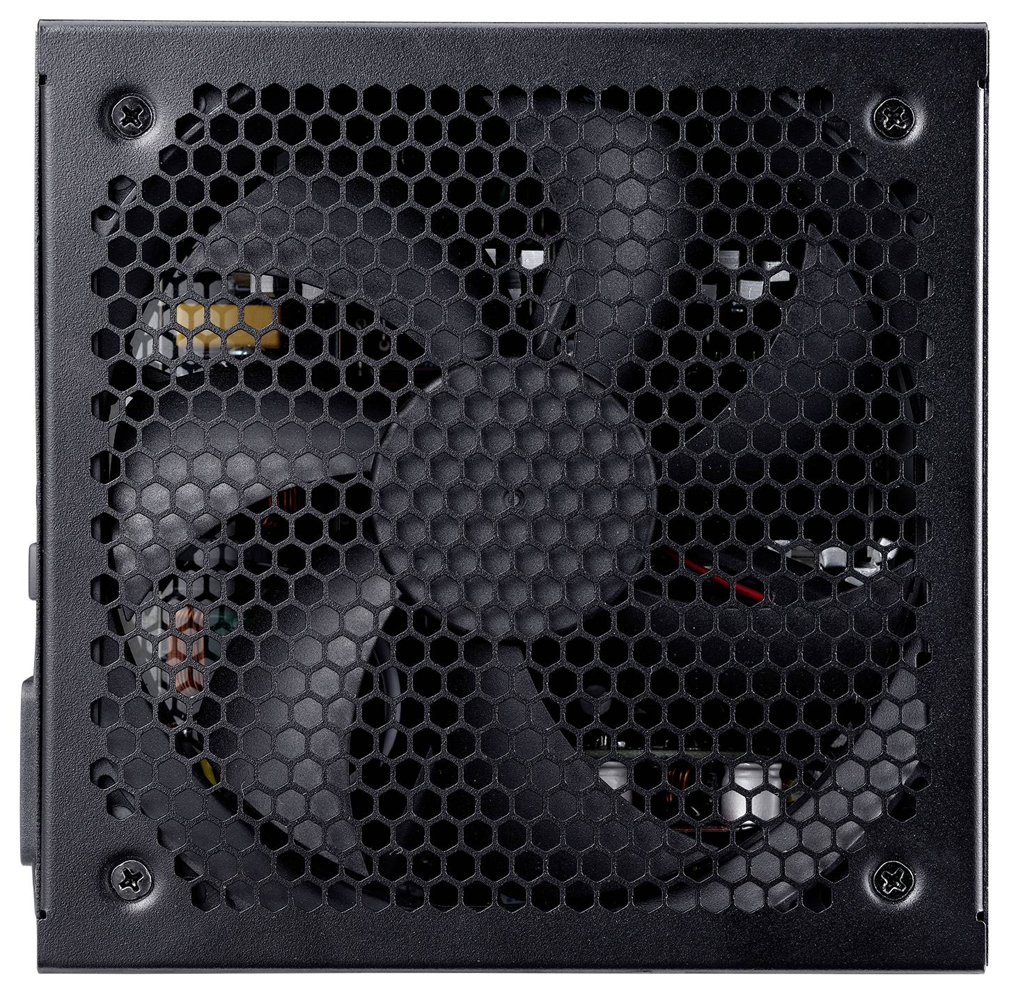 Ein schwarzes Computer-Netzteil (PSU) mit einem sichtbaren großen Kühlventilator und einem Lüftungsgitter, das für die Steuerung des Luftstroms und die Kühlung konzipiert ist.