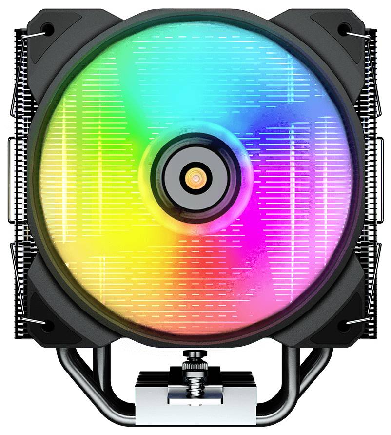 Ein Computer-Kühlventilator mit farbenfroher RGB-Beleuchtung, die ein Farbspektrum in einem kreisförmigen Muster anzeigt, in einem schwarzen Rahmen montiert.