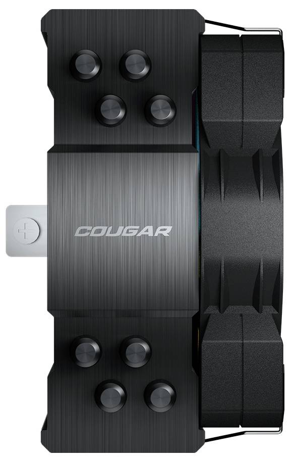 Kühlventilator mit dem Markennamen 'COUGAR', mit schlankem, metallischem Design und prominent ausgeformten Kühlflossen, von oben betrachtet.