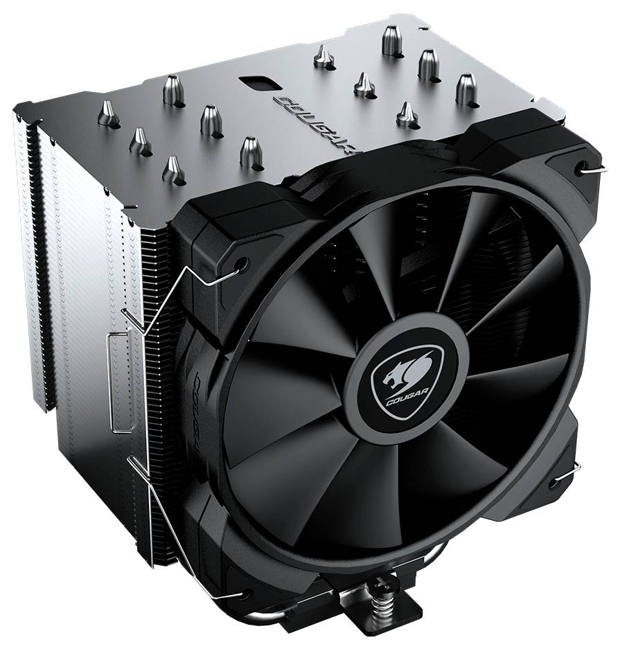 Großer schwarzer und silberner CPU-Kühler mit mehreren Heatpipes und einem zentralen Lüfter, entwickelt für effiziente Wärmeableitung in Computern.