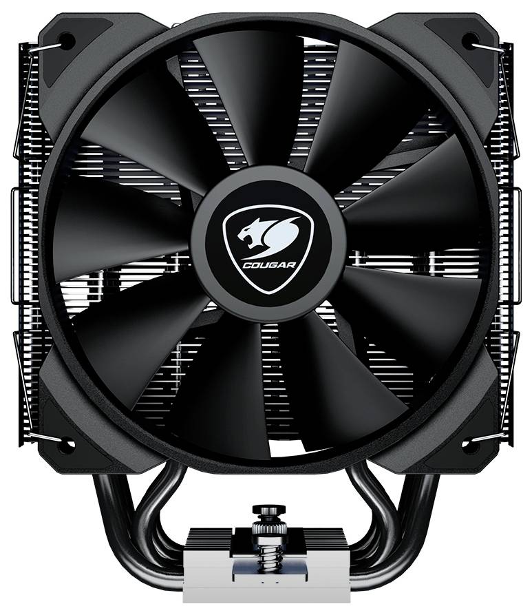Schwarzer CPU-Kühler mit einem großen Lüfter, in der Mitte mit dem Cougar-Logo gekennzeichnet, entwickelt für eine effiziente Computerkühlung.