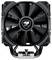 Schwarzer CPU-Kühler mit einem großen Lüfter, in der Mitte mit dem Cougar-Logo gekennzeichnet, entwickelt für eine effiziente Computerkühlung.