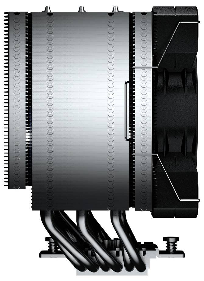 Ein schwarzer und silberner CPU-Kühler mit einem großen Kühlkörper und mehreren Hitzepipes, entwickelt für eine effiziente Wärmeableitung.