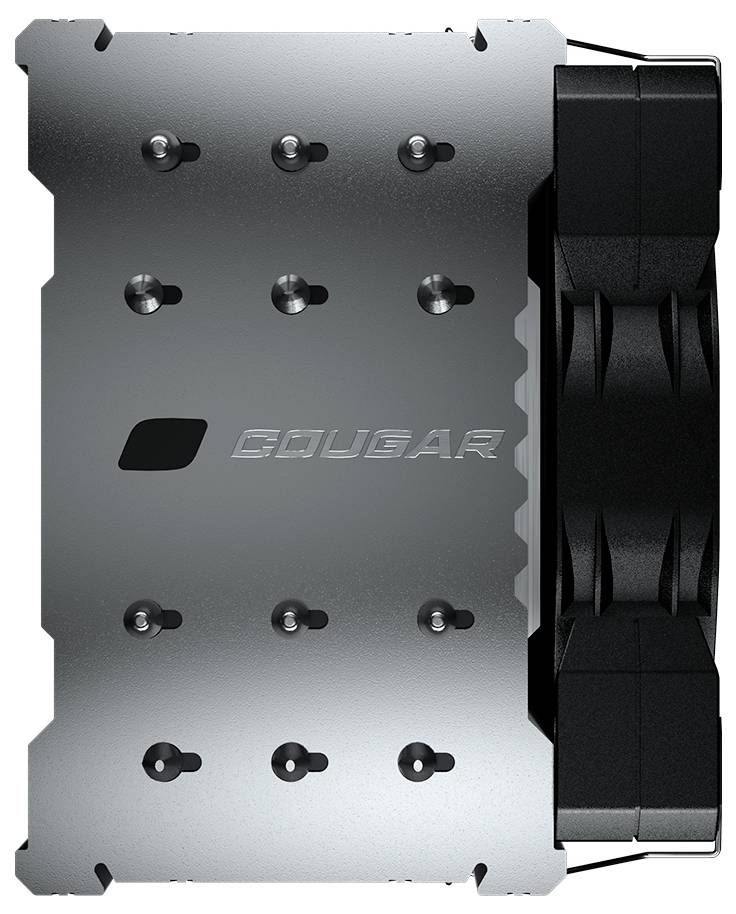 Metalloberfläche der Marke 'COUGAR' mit mehreren Schrauben und einer schwarzen Komponente rechts. Industrielles Erscheinungsbild.