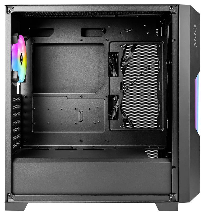 Ein schwarzes Computergehäuse mit einem beleuchteten Lüfter und Platz für Komponenten wie Mainboard, Netzteil und zusätzliche Lüfter.
