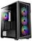 Ein schwarzes Computer-Tower-Gehäuse mit vier bunten RGB-Lüftern, die an der Vorder- und Rückseite sichtbar sind und ein modernes und elegantes Design präsentieren.