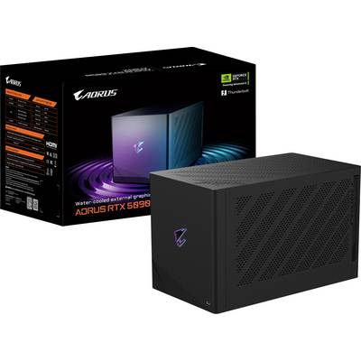 Aorus RTX 3090 externe Grafikkarte mit Wasserkühlung, ausgestattet mit Thunderbolt-3-Kompatibilität. Verpackung zeigt Markenlogo und Spezifikationen.