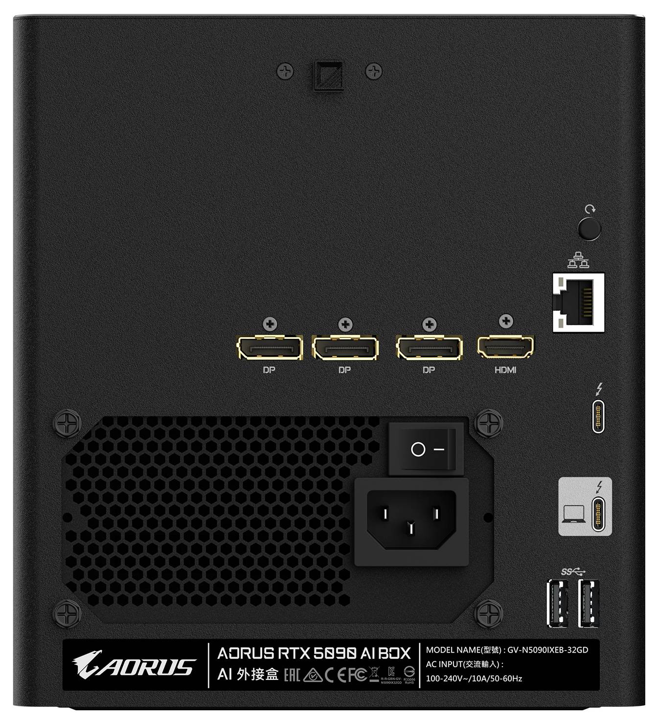 Rückansicht eines AORUS RTX 5990 AI BOX mit 3 DisplayPort-Ausgängen, 1 HDMI-Anschluss, Stromanschluss, USB-A-Ports und Lüftungsschlitzen.