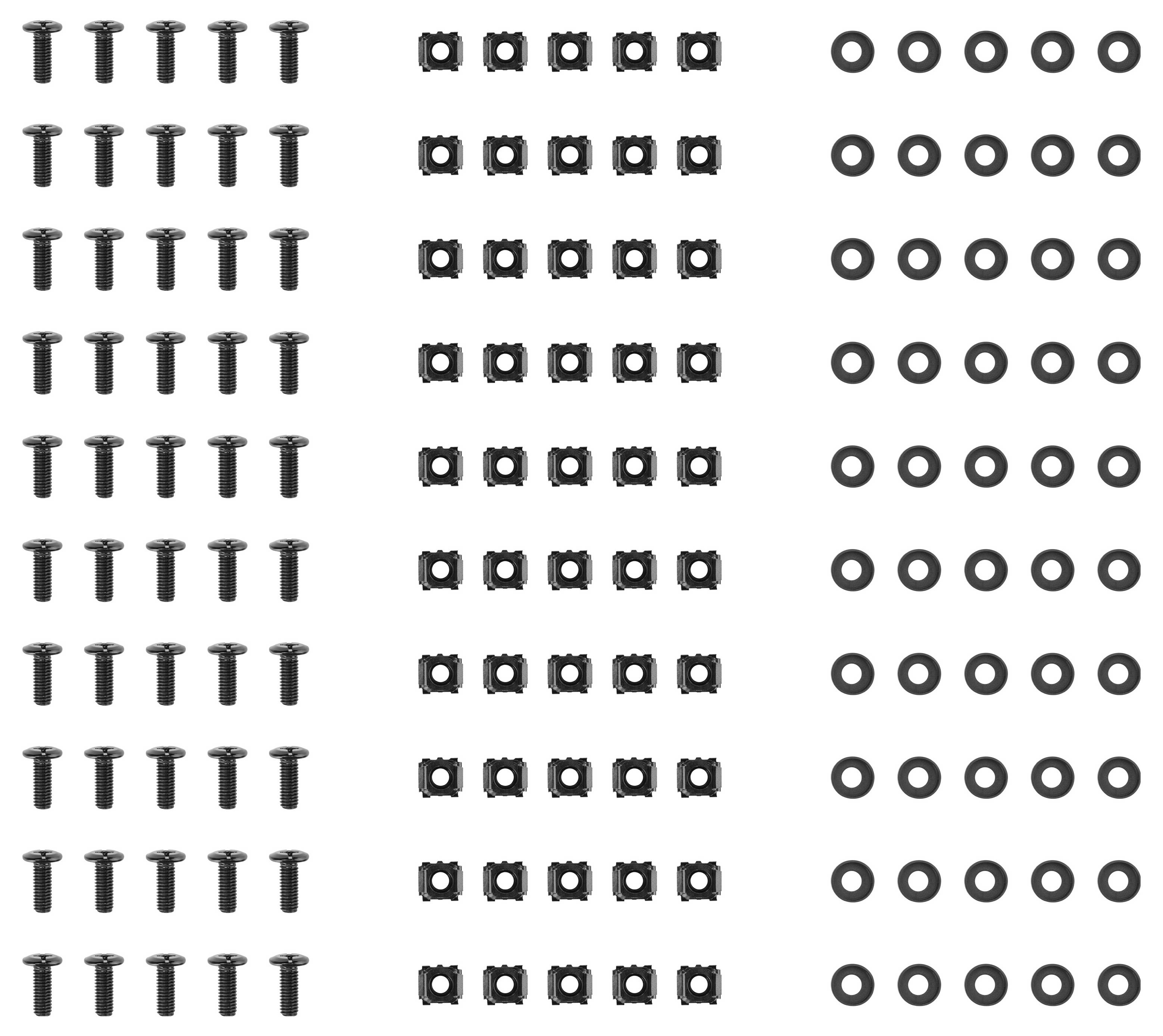Drei Spalten von Hardwareteilen in einem Gitter angeordnet: schwarze Schrauben, Vierkantmuttern und runde Unterlegscheiben auf weißem Hintergrund.