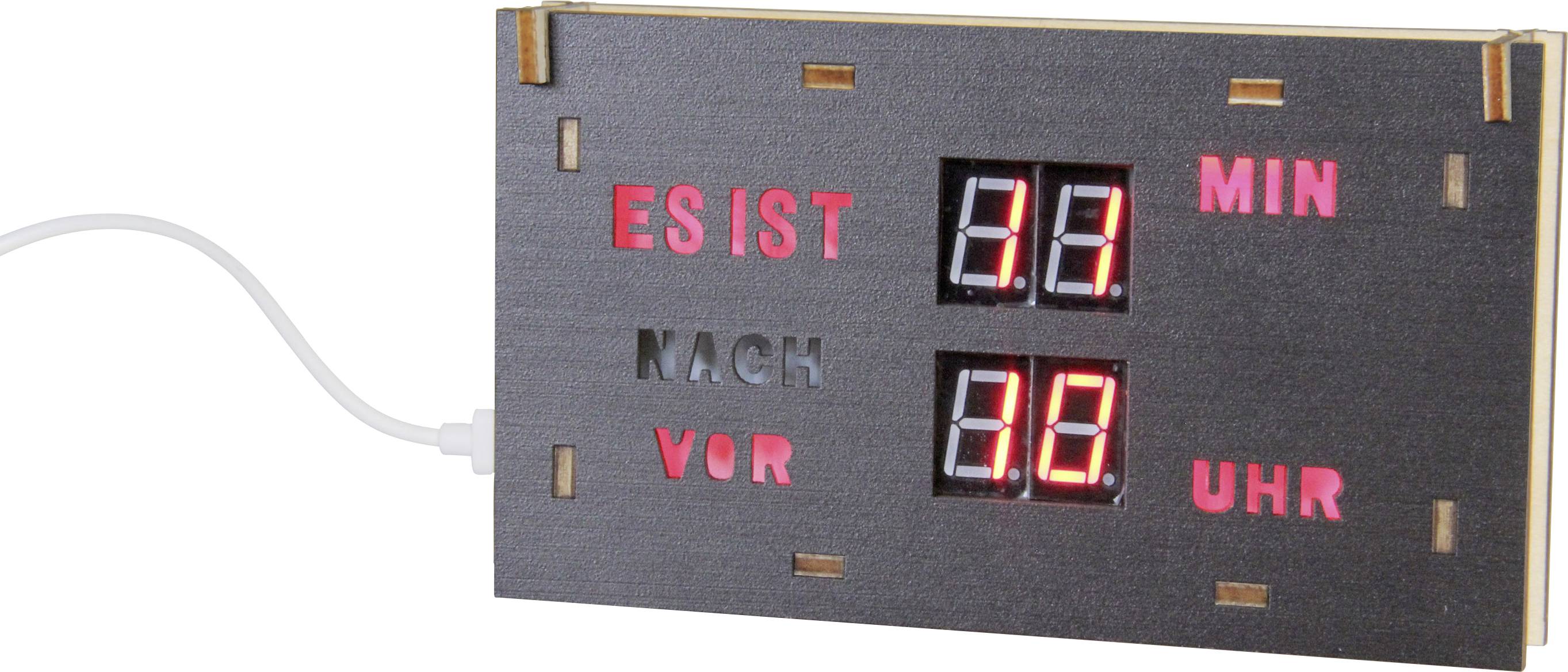 Ein digitaler Uhr mit Wörtern auf Deutsch zur Zeitanzeige: 'ES IST' (Es ist), 'MIN' (min), 'NACH' (nach), 'VOR' (vor), 'UHR' (Uhr).