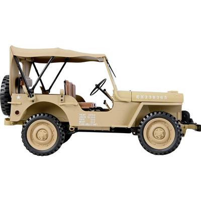 Beige Spielzeug-Jeep mit schwarzen Sitzen, offenem Dach und Ersatzreifen, der hinten montiert ist. Die Seriennummer 'EX238365' ist an der Seite aufgedruckt.