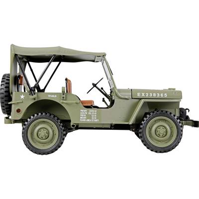 Militärjeep von der Seite, olivgrüne Farbe, mit der Aufschrift 'EX238365', Gewicht und Abmessungen angezeigt, Ersatzrad auf der Rückseite montiert.