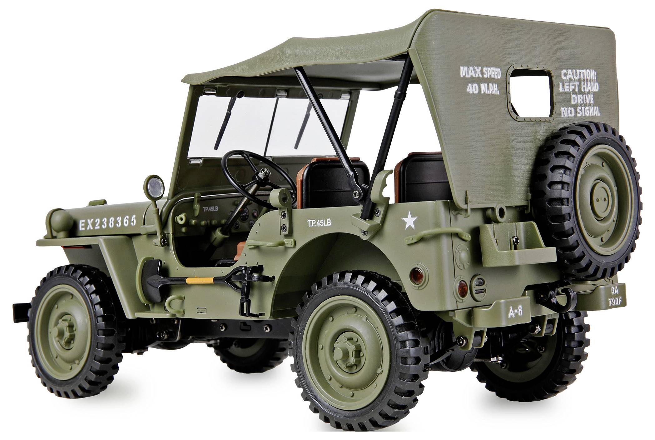 Ein grünes Militär-Jeep-Modell mit Persenning, gekennzeichnet mit 'EX238365' und 'MAX SPEED 40 MPH', das detaillierte Merkmale und Design zeigt.