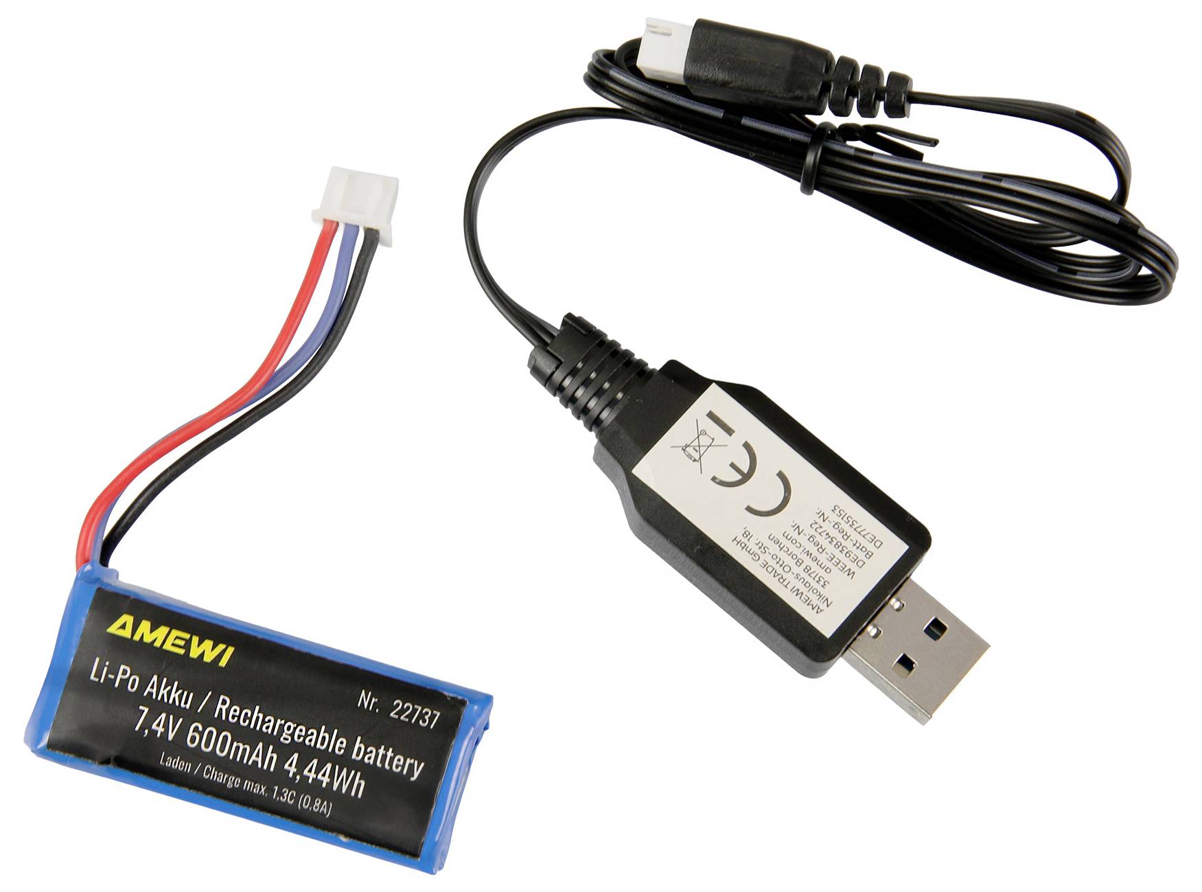 Wiederaufladbarer Li-Po-Akku (7,4V, 600mAh) mit USB-Ladekabel und Adapter.