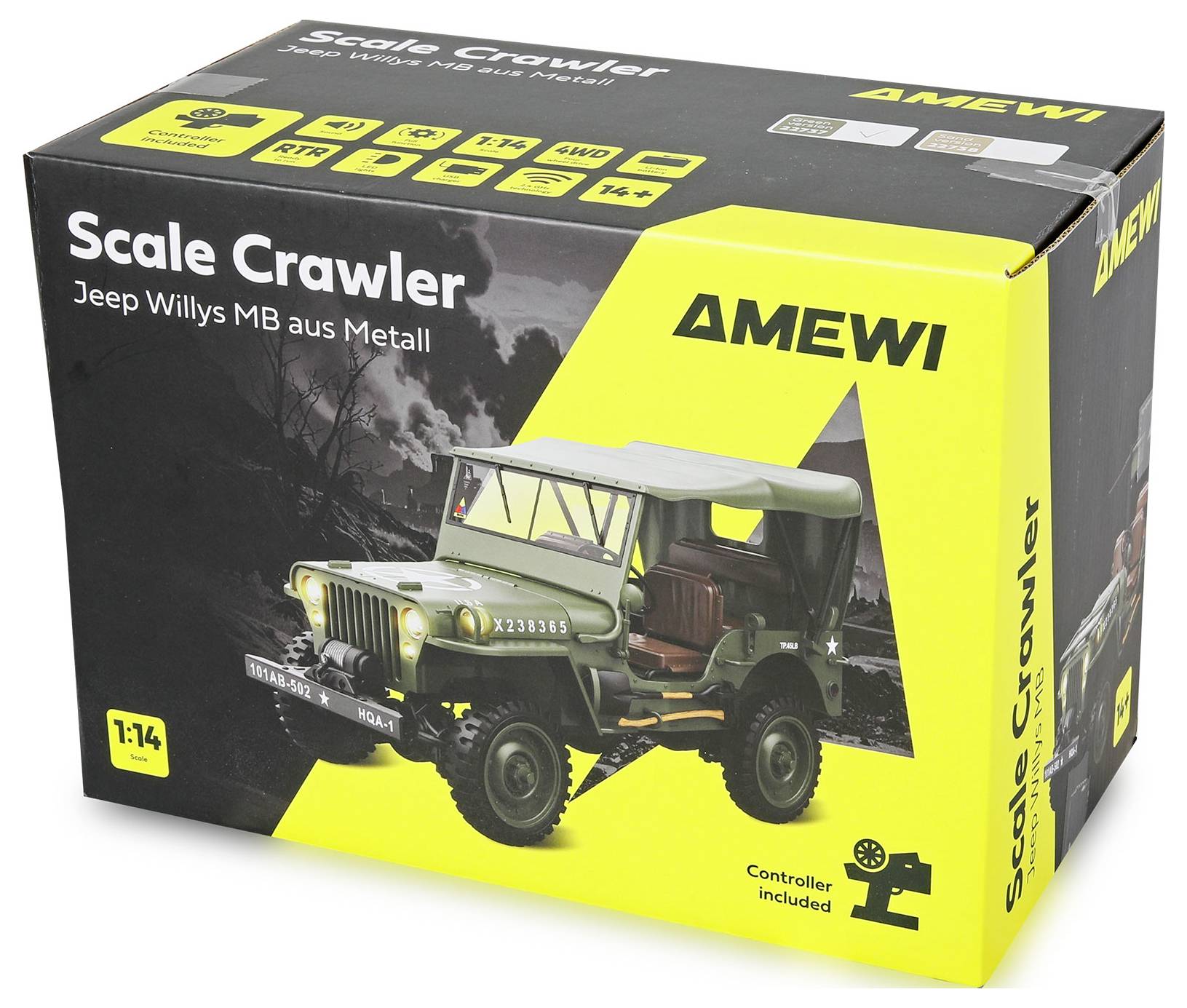 'Scale Crawler' Modell eines Jeep Willys MB. Inklusive Fernbedienung. Alter 14+. Bild des Jeeps auf der Verpackung, gelbe Highlights.