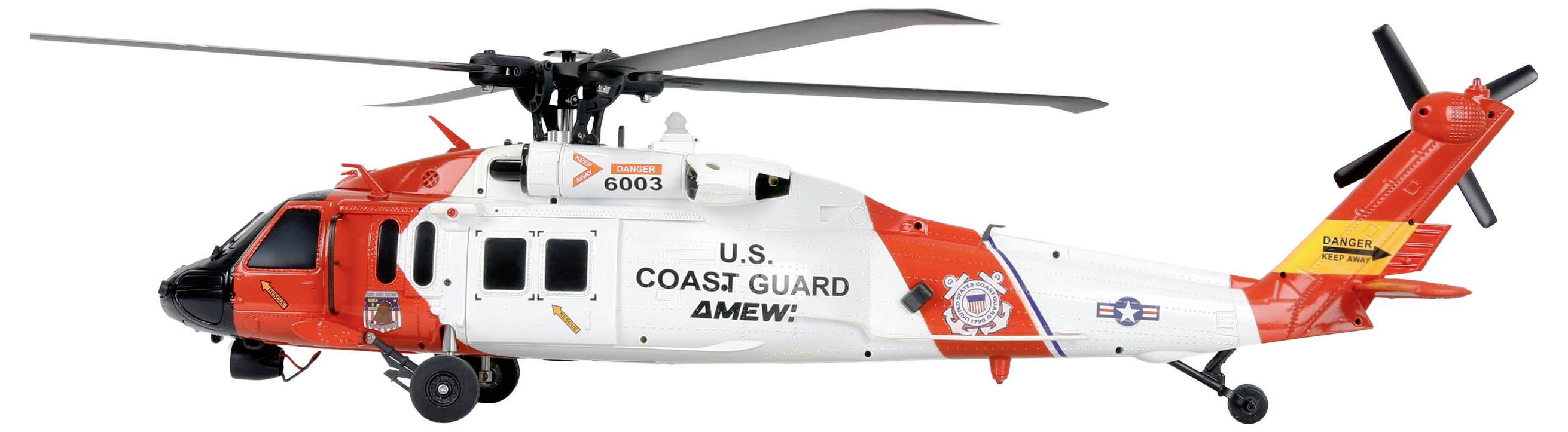 Ein Hubschrauber der U.S. Coast Guard in Rot und Weiß, mit dem Logo der Küstenwache, wird im Profil gezeigt, wobei sein Design und seine Markierungen hervorgehoben werden.