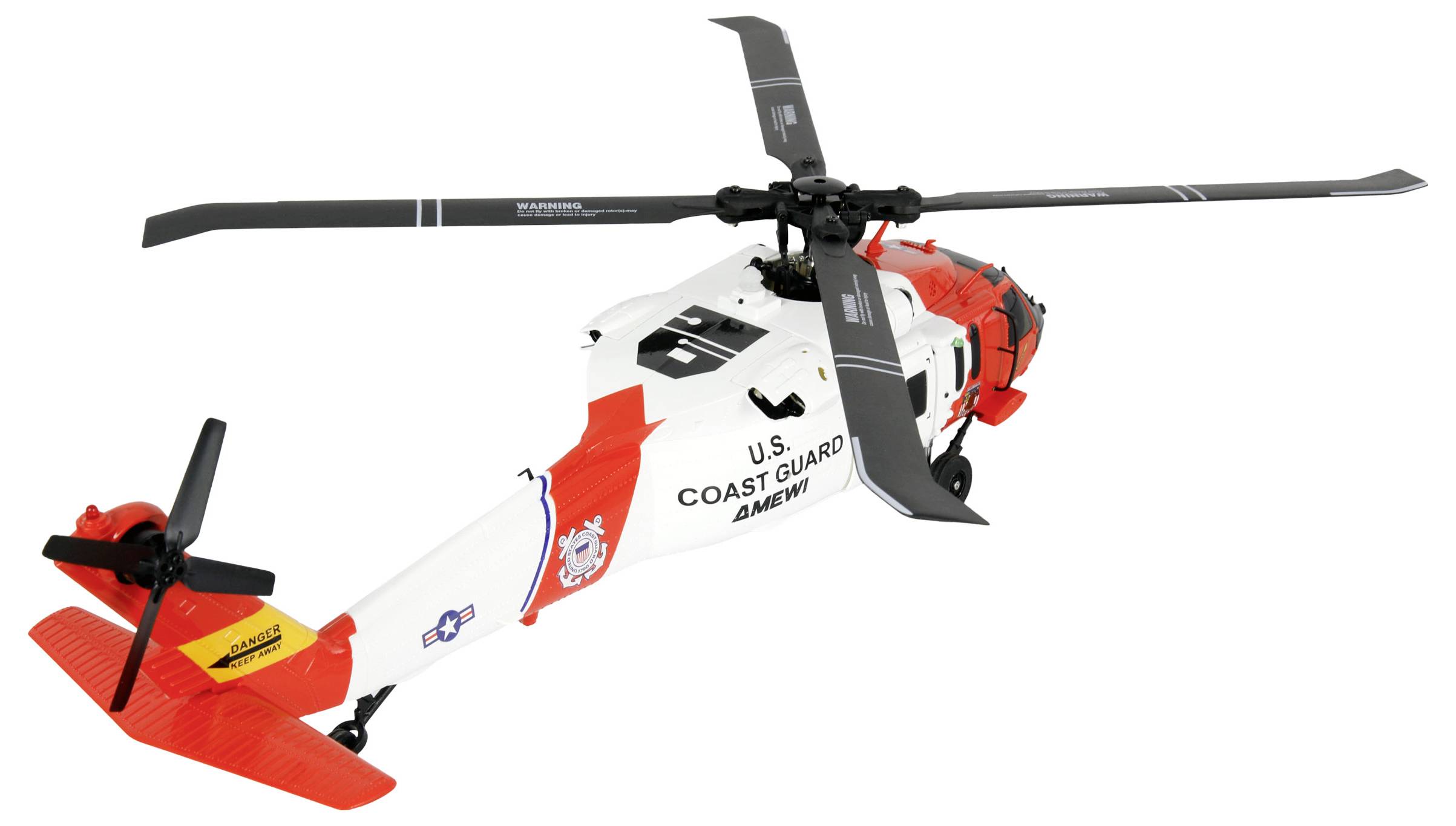 Ein Modellhelikopter mit Kennzeichen der U.S. Coast Guard, vorwiegend in Rot und Weiß, mit detaillierten Rotoren und Heckflosse.