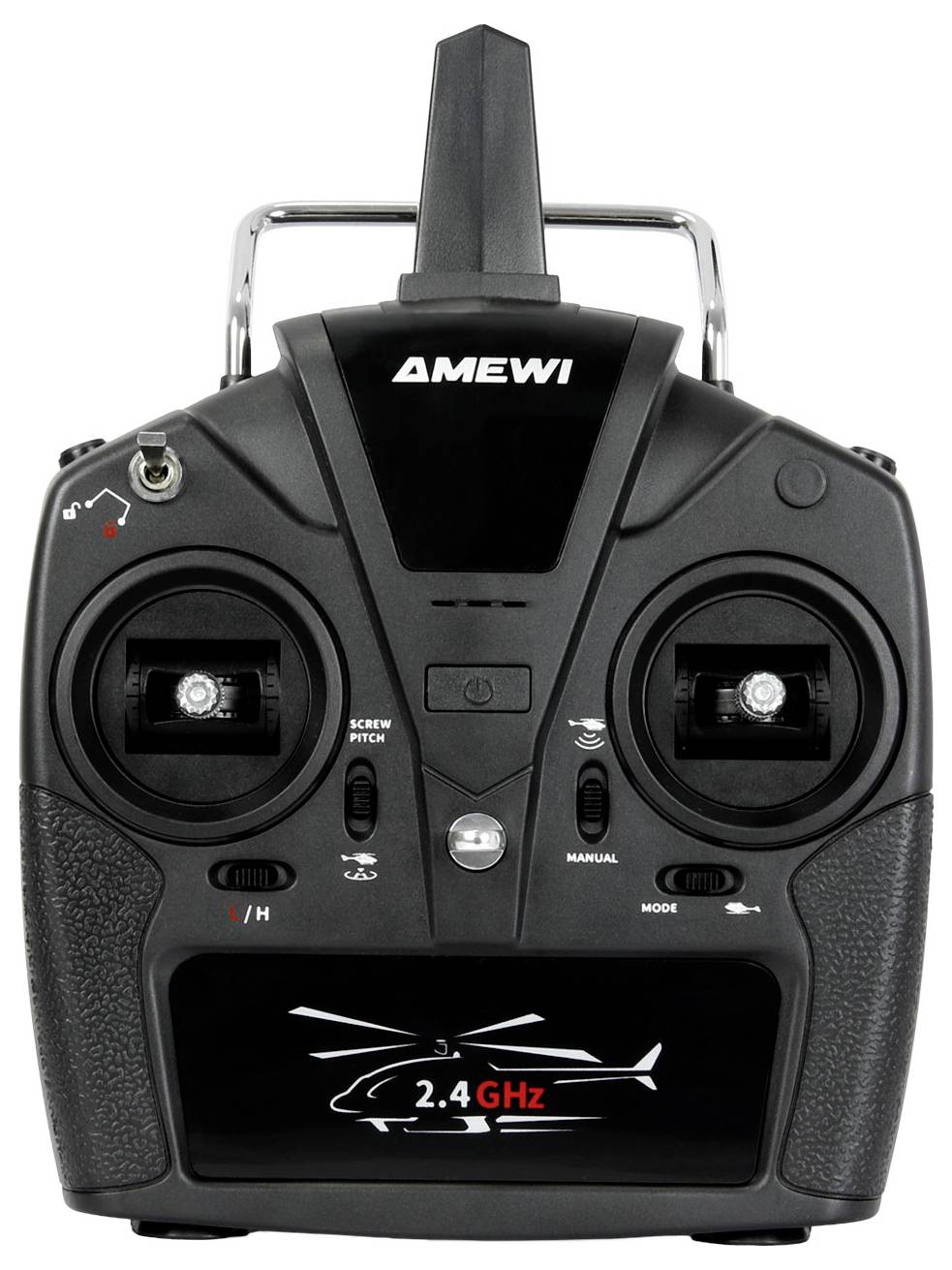 Ein schwarzer, tragbarer Fernbedienungscontroller für ein Modellhelikopterfahrzeug, ausgestattet mit zwei Joysticks, Tasten und einer 2,4-GHz-Frequenzetikette.