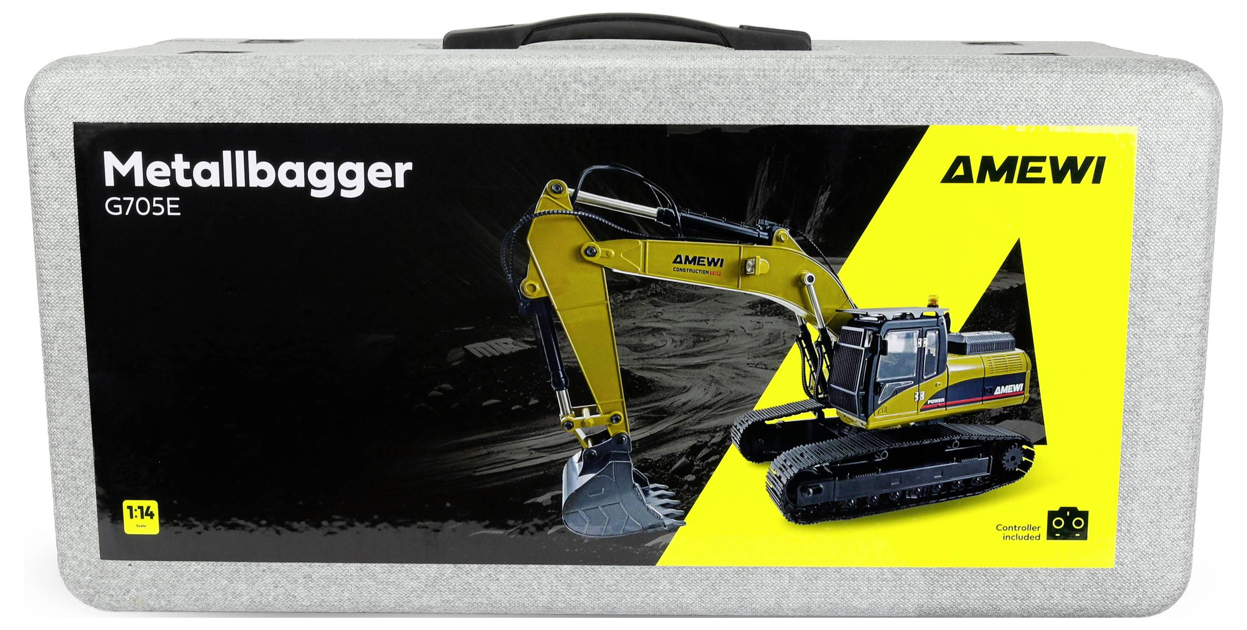Eine Produktverpackung mit einem gelben Baggermodell 'Metallbagger G705E'. Die Verpackung enthält den Markennamen und den Maßstab 1:14.