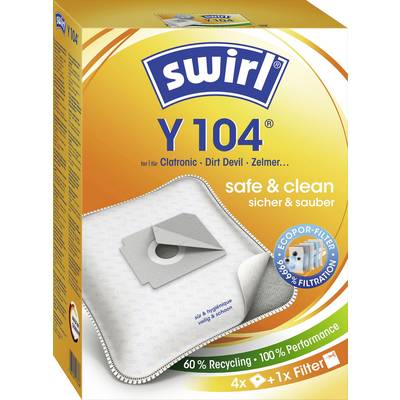 Ein Paket mit Swirl Y 104 Staubsaugerbeuteln für Clatronic-, Dirt Devil- und Zelmer-Modelle. Mit 60% Recyclinganteil und 99,99% Filtration.