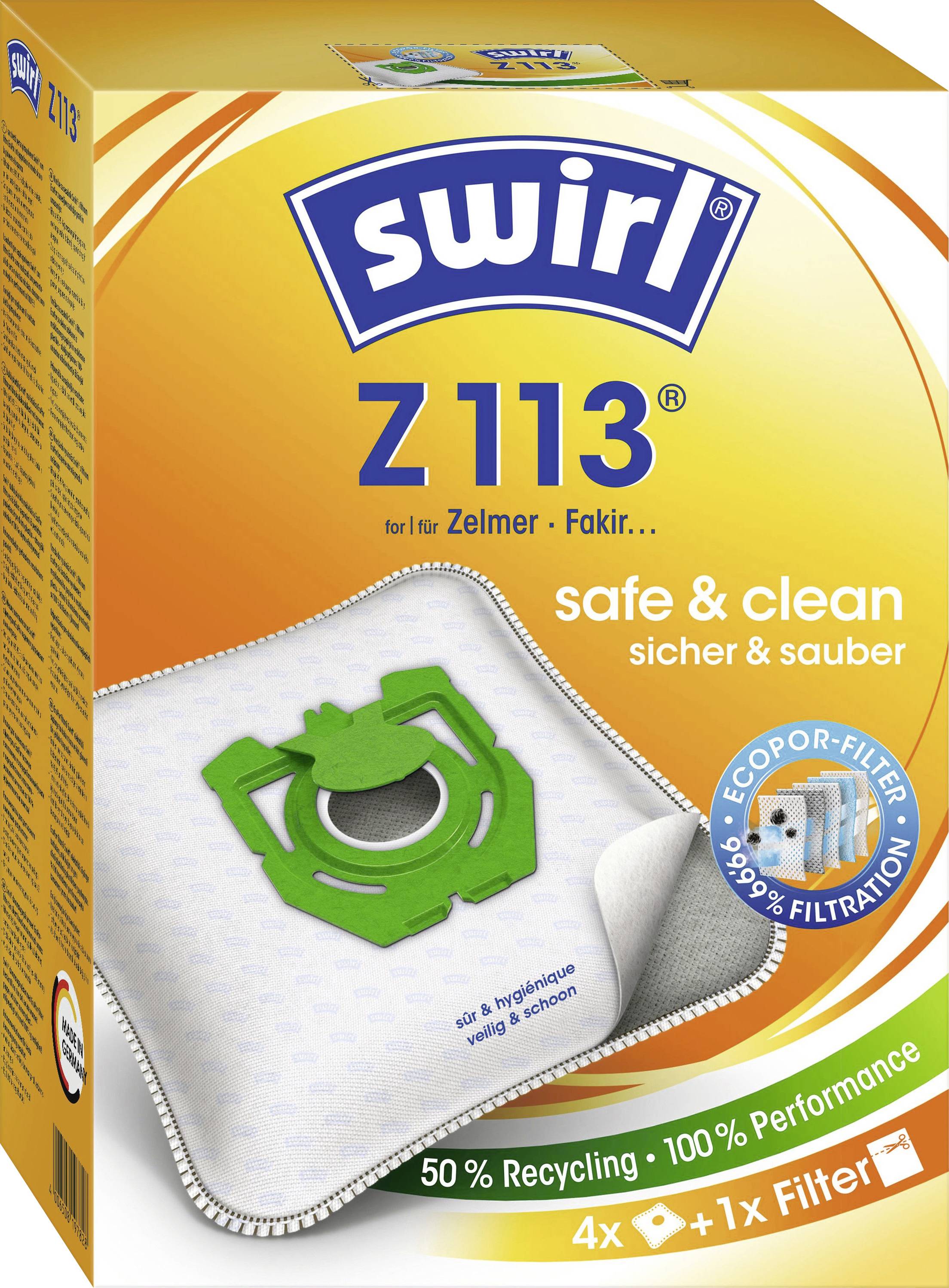'Swirl Z 113.' Staubsaugerfilterset mit EcoPor-Filter. Merkmale: 50% Recycling, 100% Leistung, 4 Filter, 1 Mikrofilter enthalten.