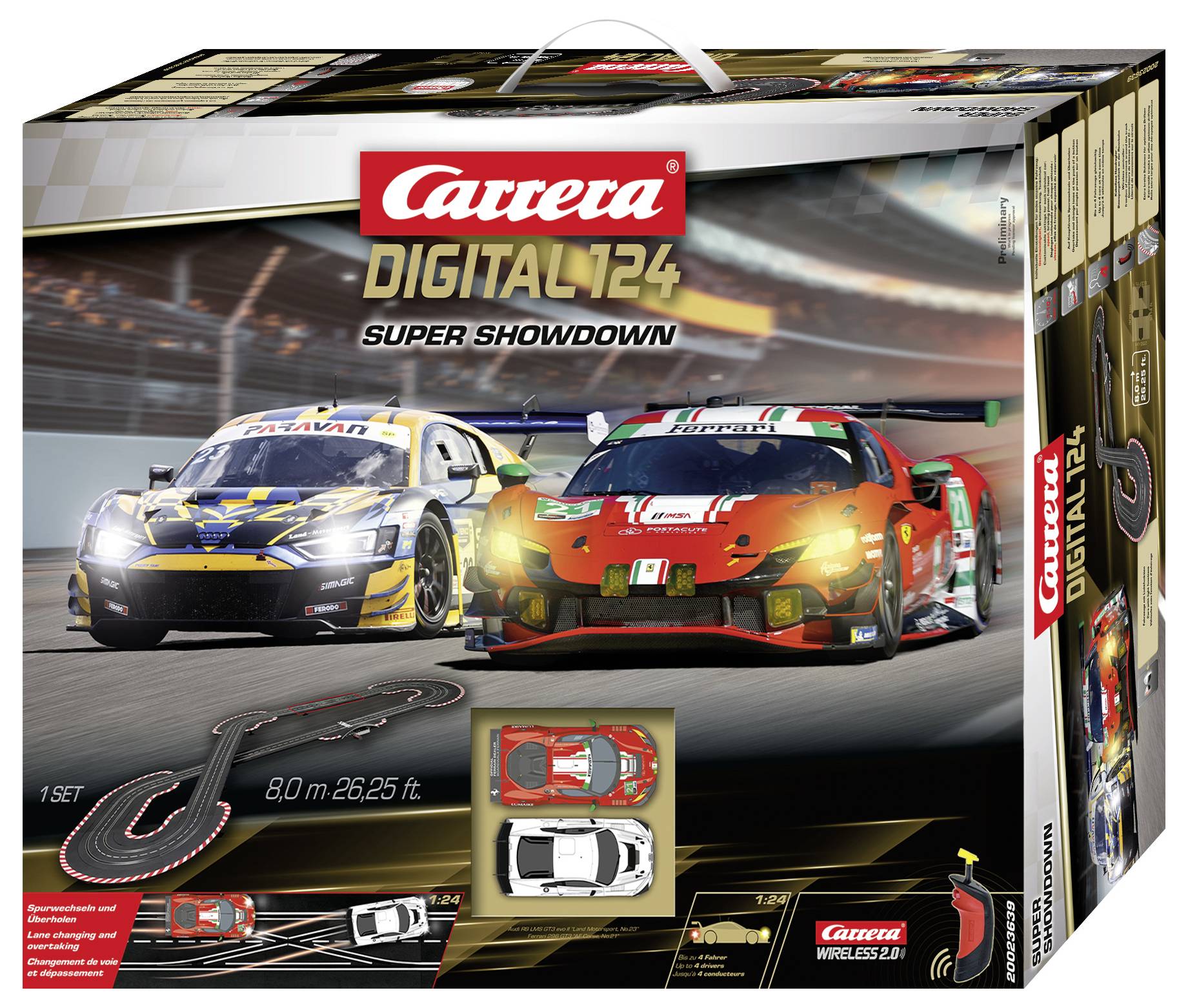 'Carrera Digital 124 Super Showdown' Set-Box mit zwei Rennwagen, Strecken-Layout und drahtlosen Controllern; bewirbt ein Rennfahrer-Erlebnis.