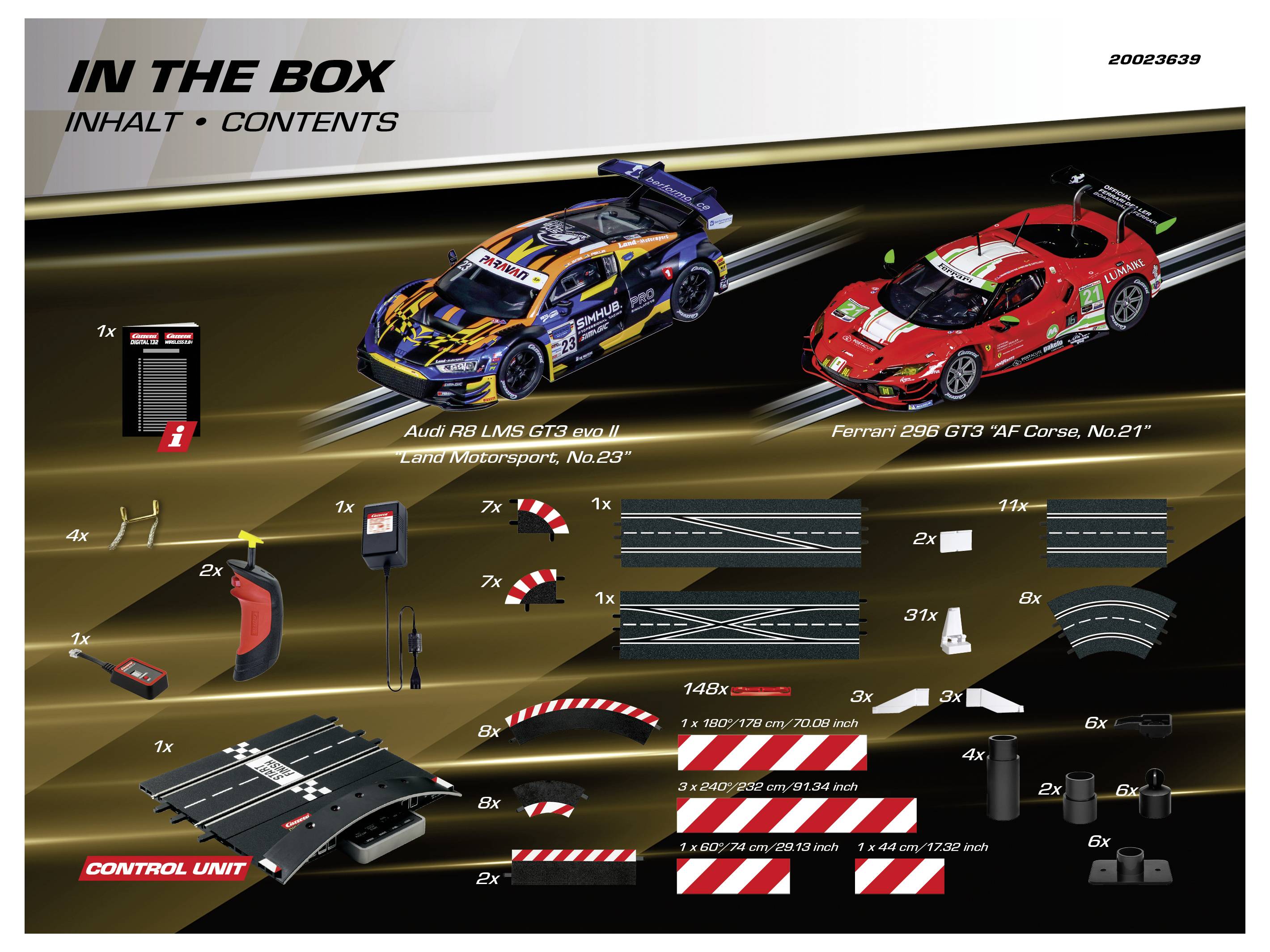 Inhalt der Box-Darstellung mit zwei Rennwagen (Audi R8 LMS GT3, Ferrari 296 GT3), Streckenabschnitten, Strukturen und Komponenten der Steuereinheit.