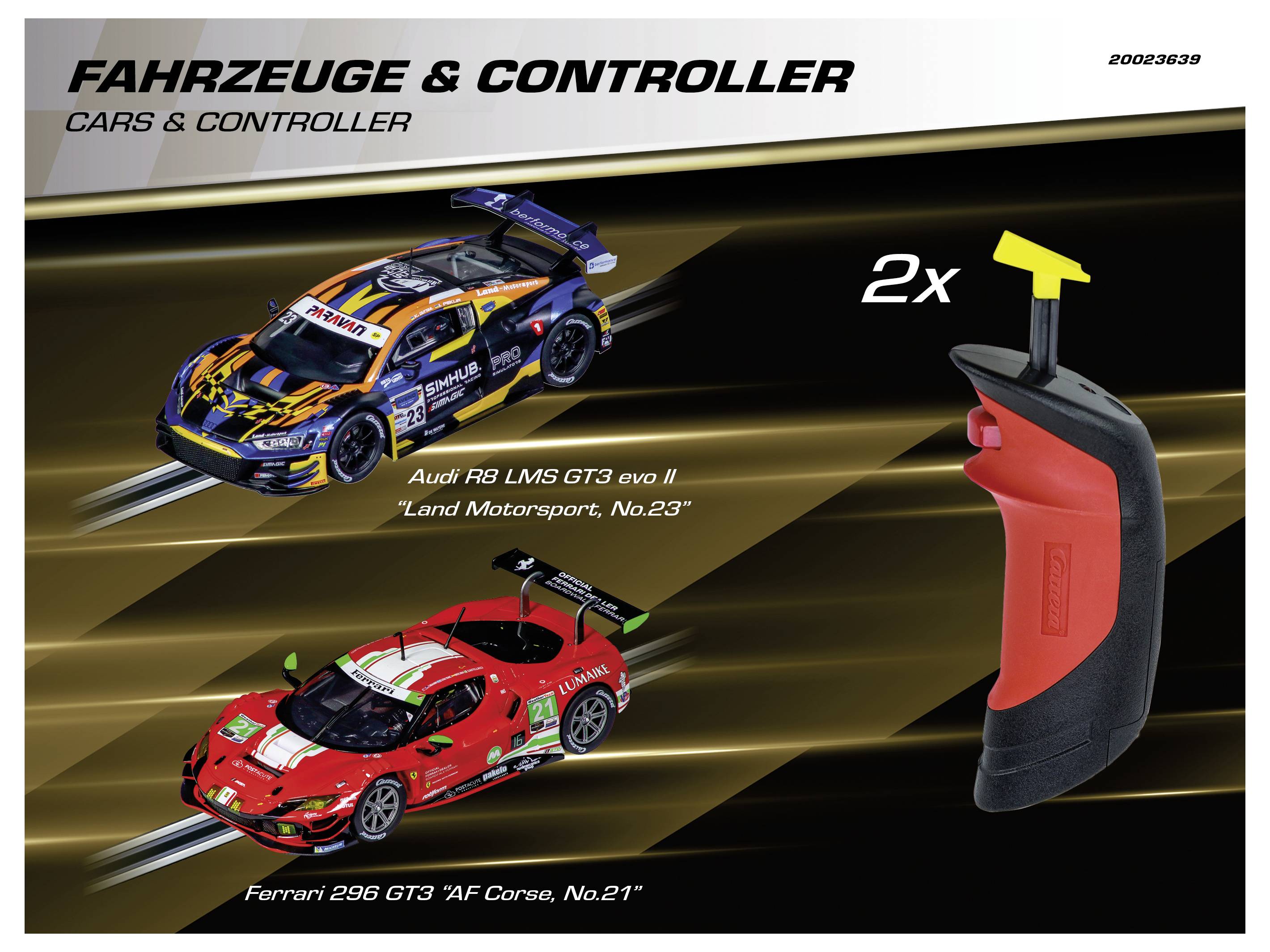 FAHRZEUGE & CONTROLLER - CARS & CONTROLLER mit zwei Rennwagen, Audi RB LMS GT3 evo II und Ferrari 296 GT3, mit Fernbedienung.