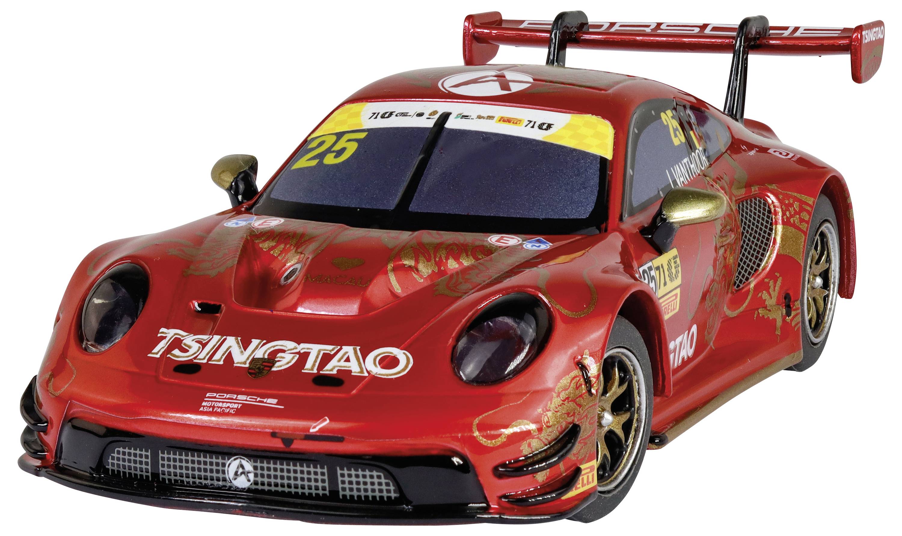 Ein roter Rennwagen mit 'TSINGTAO' auf der Front, versehen mit der Nummer 25. Er verfügt über einen großen Heckflügel und detaillierte Grafiken.