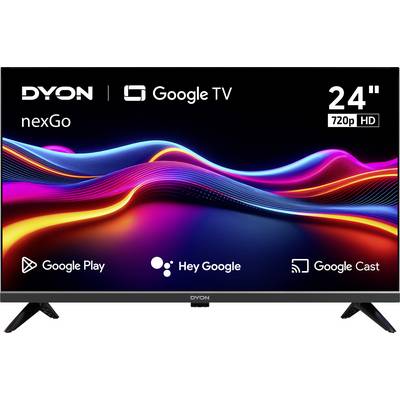 DYON 24" Google TV mit HD 720p-Auflösung mit lebhaftem Wellendesign auf dem Bildschirm. Enthält Google Play-, Hey Google- und Google Cast-Logos.