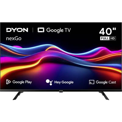 Ein 40-Zoll Dyon-Fernseher mit Google TV-Funktionen. Zeigt farbenfrohe Wellengrafiken. Präsentiert Logos für Google Play, Hey Google und Google Cast.