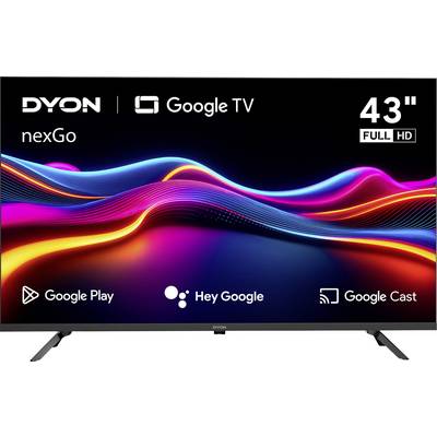 43" Full HD Dyon nexGo TV mit Google TV Funktionen, einschließlich Google Play, Hey Google und Google Cast, auf dem Bildschirm dargestellt.