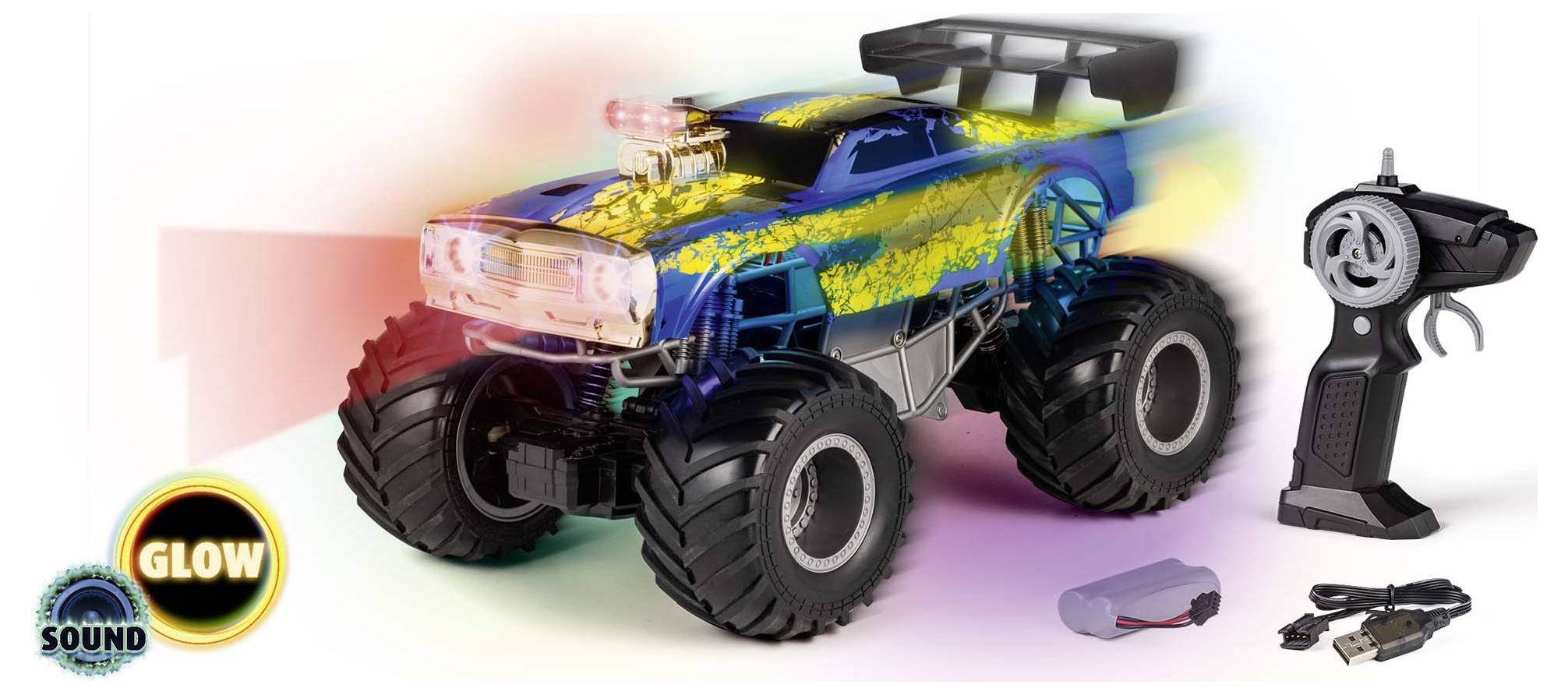 Ein bunter ferngesteuerter Monstertruck mit großen Reifen, Soundeffekten und Leuchtfunktionen. Inklusive Fernbedienung und Ladezubehör.